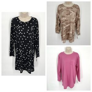Charter Club, Jenni 3 Pk Sleep Shirts XS Pink Tease Black Star Toffee Candy Camo